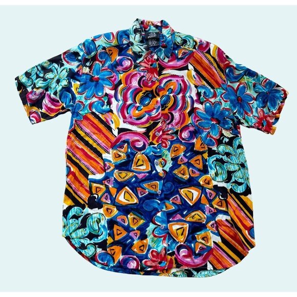 Vintage 80s 90s SASSON Abstract Floral Full Button Blouse Shirt Top Sz M - Picture 2 of 8